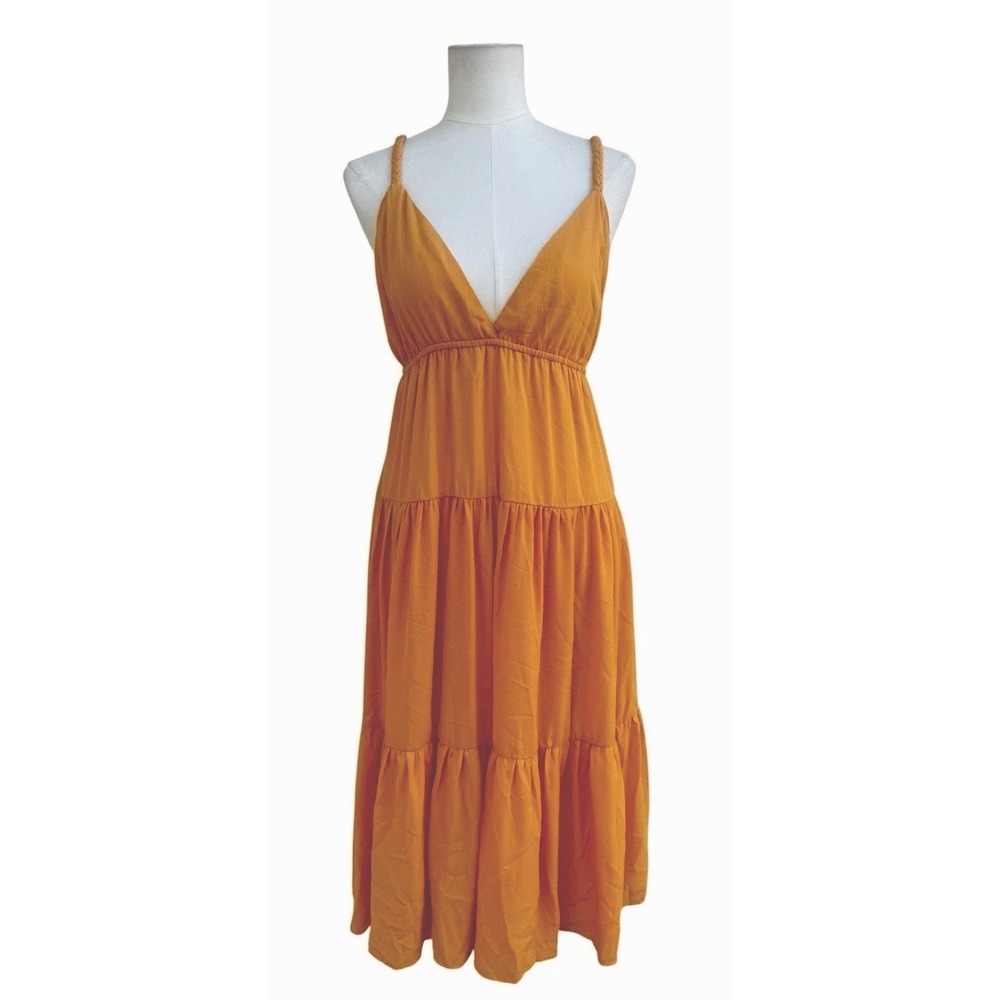 FORE Mustard Yellow Boho Maxi Dress Large Braided Strap Open Back Tiered Beach